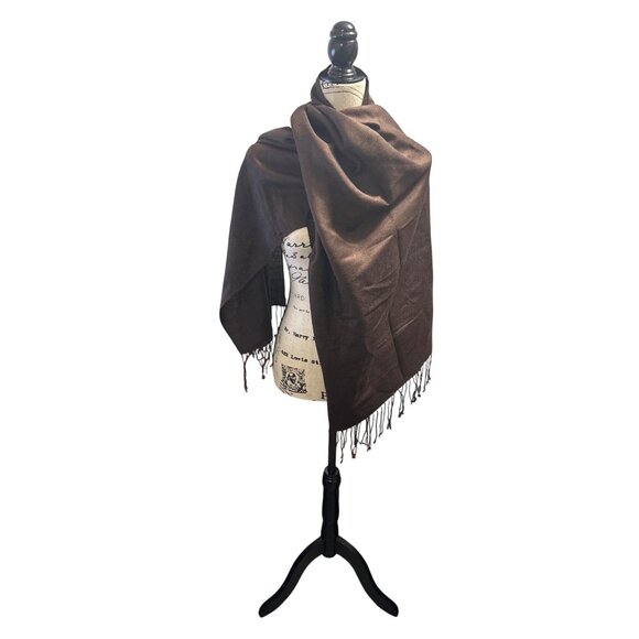 Elegant Brown Pashmina Scarf Wrap With Fringe Detail Soft Lightweight Material V - Picture 4 of 7